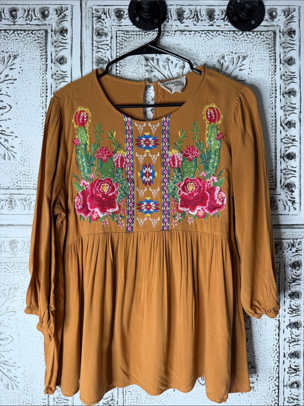 Savanna Jane Mustard Embroidered Peasant Blouse with Pink Floral Detail